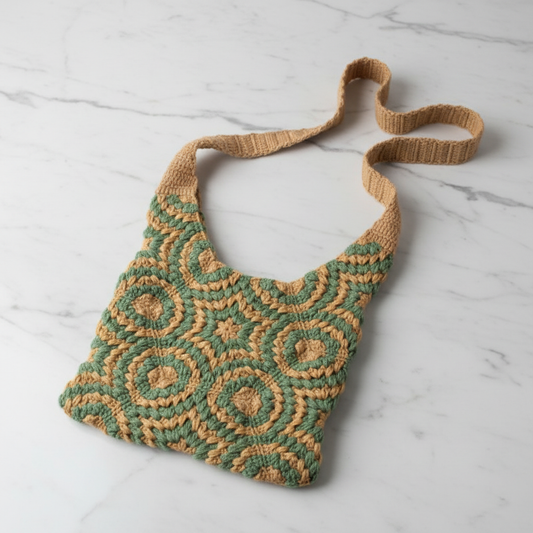 Crochet granny square bag in sage green and mustard yellow