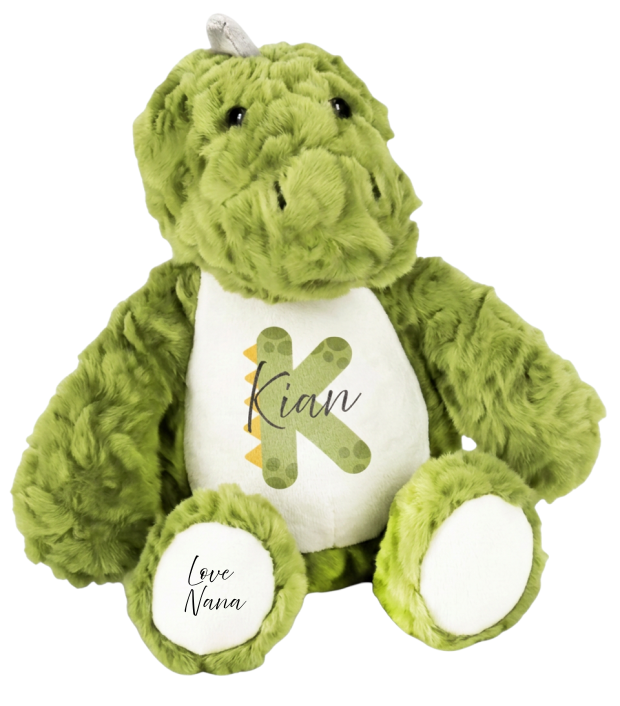 Personalised green dinosaur plush toy with name Kian, initial K and Love Nana on feet