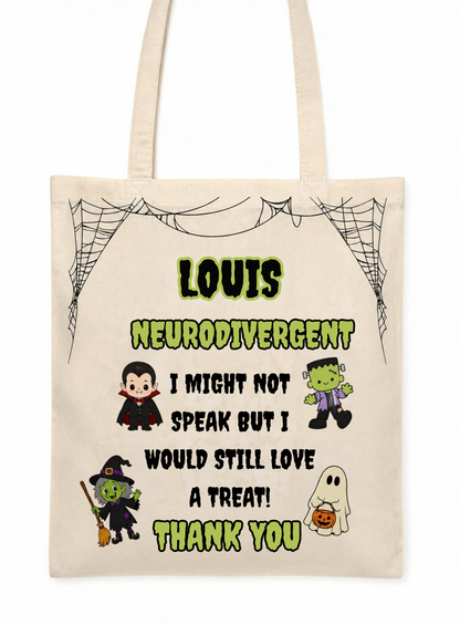 Personalised Halloween trick or treat bag, Neurodivergent design