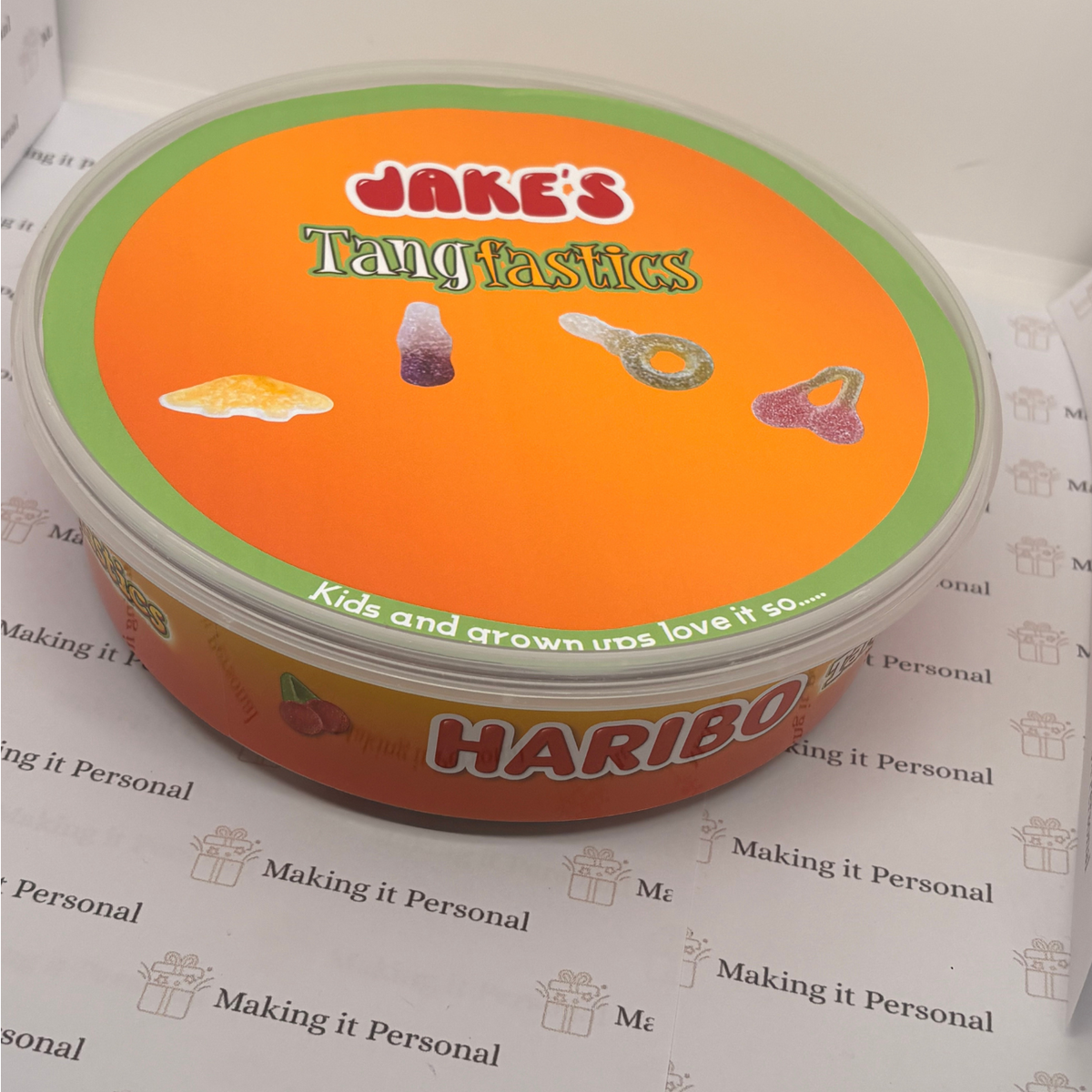 Personalised Tangfastics sticker on 400g Haribo tub