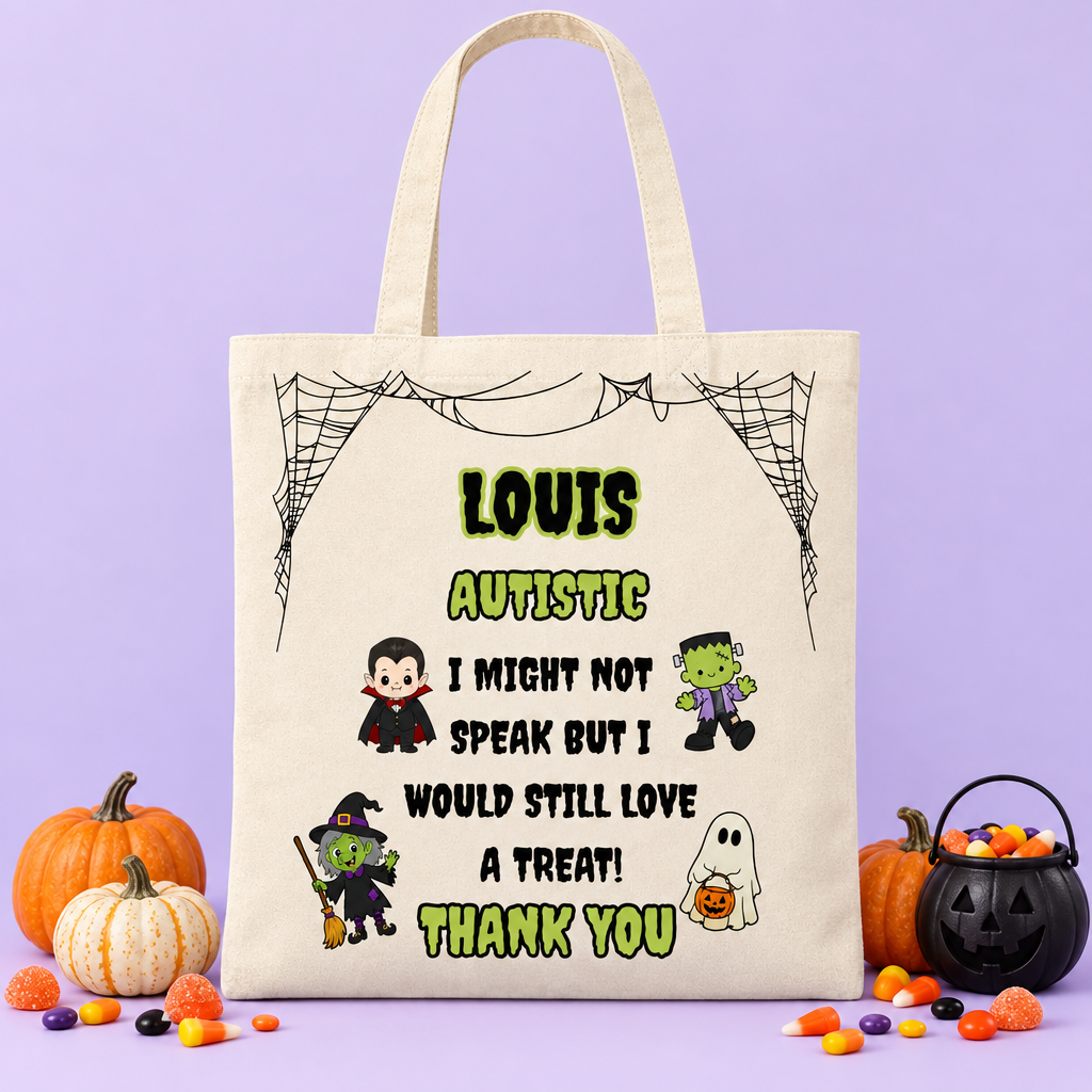Autistic trick-or-treat bag in a lilac Halloween setting