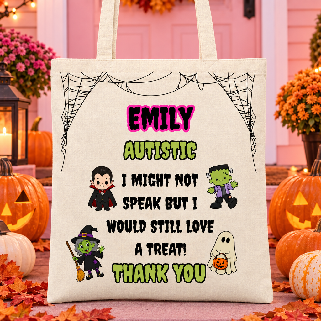 Autistic trick-or-treat bag with Emily in neon pink