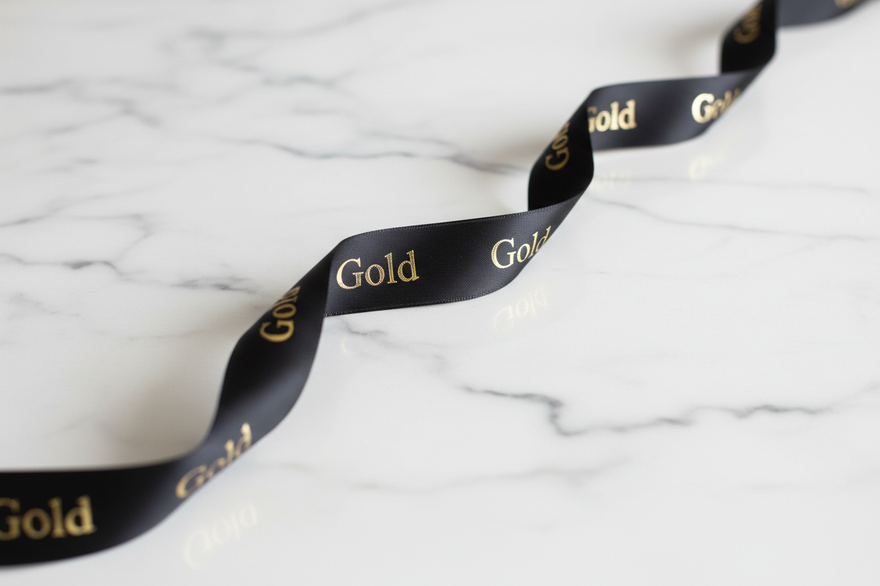 Black ribbon gold writing