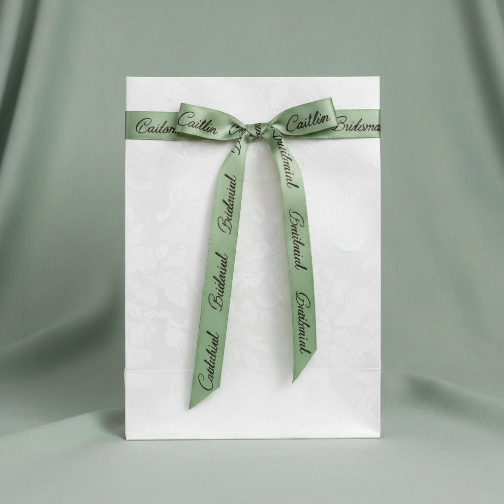 Bridesmaid Gift Bag with Sage Green Ribbon and Black Writing
