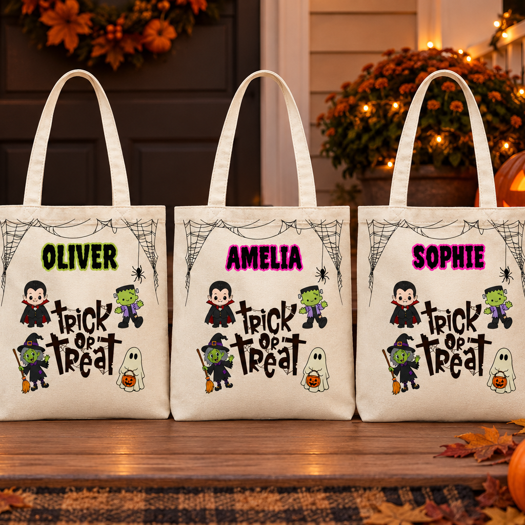Four personalised trick or treat bags together