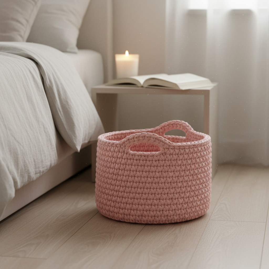 Crochet storage basket in blush pink beside a bed