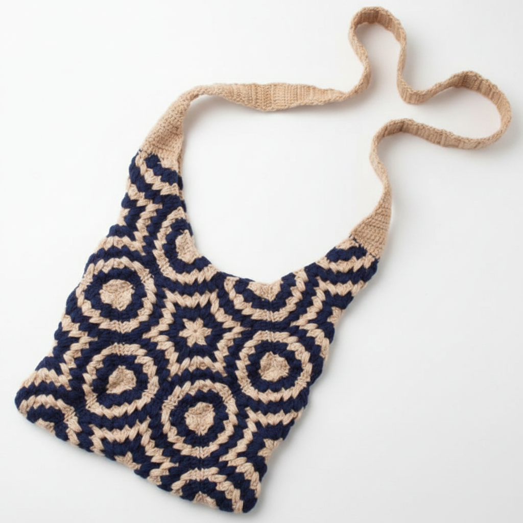 Crochet granny square bag in navy blue and cream