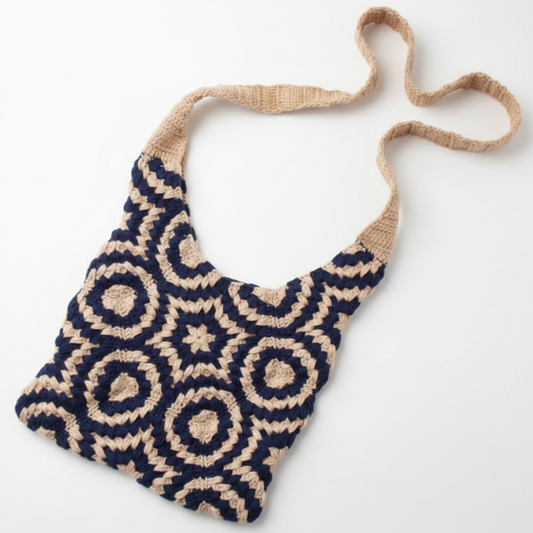 Crochet granny square bag in navy blue and cream