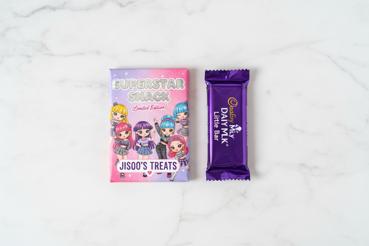 K-pop wrapper next to chocolate bar