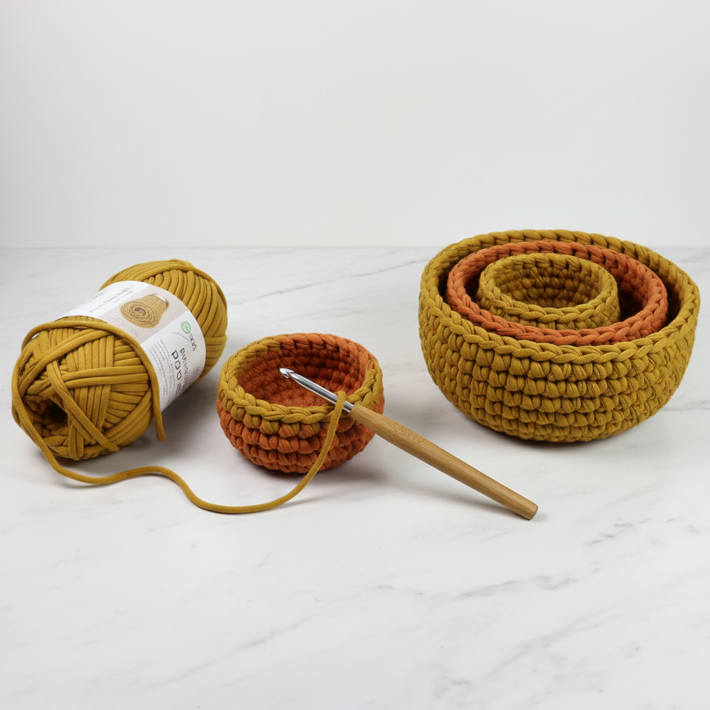 Stages of making a crochet bowl in mustard yellow