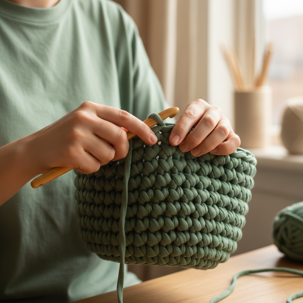 Hands crocheting sage green chunky yarn bowl