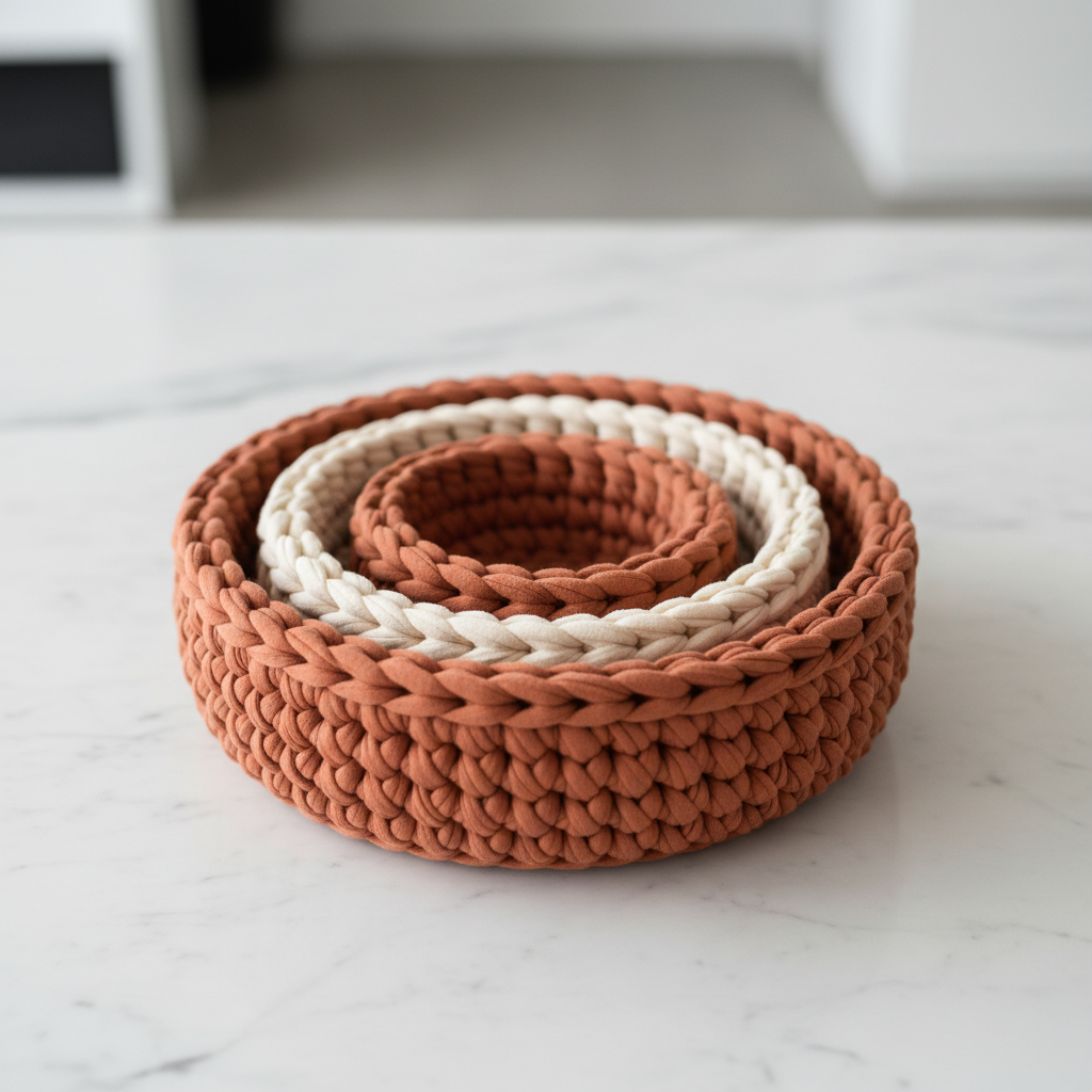 Crochet nesting bowls in terracotta and cream