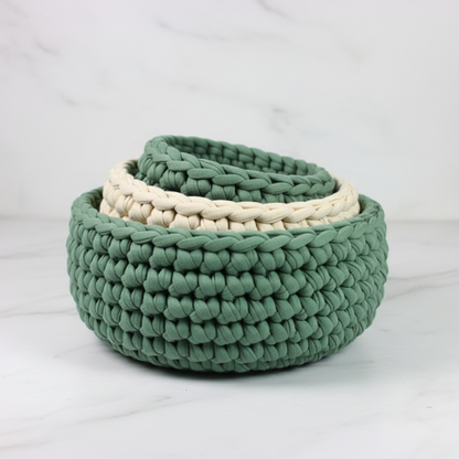 Crochet nesting bowls in sage green and cream