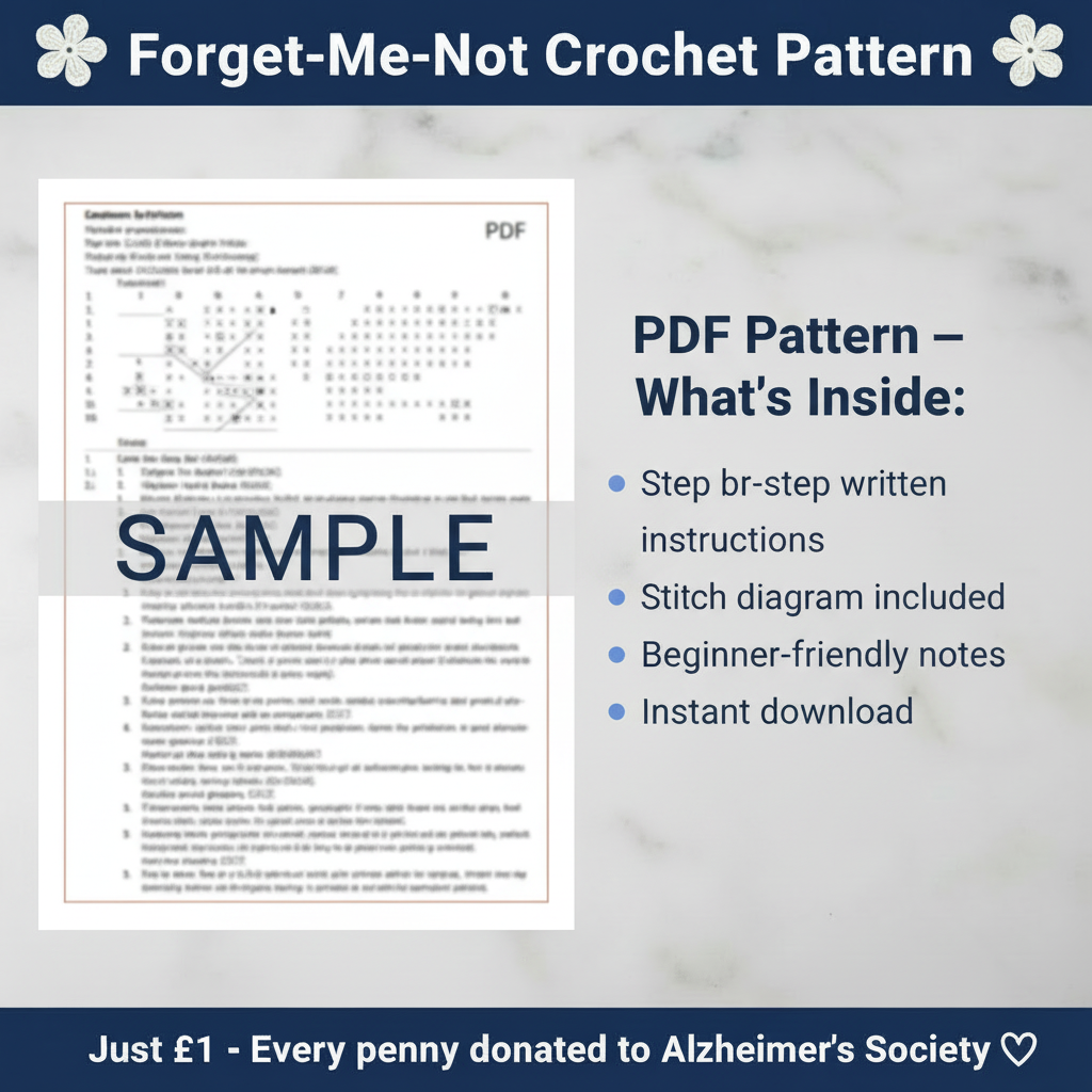 Blurred sample page of the forget-me-not PDF pattern showing written instructions and stitch diagram format