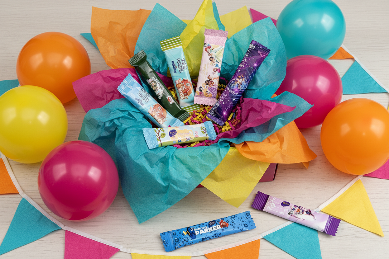 Wrappers in gift box with balloons and bunting