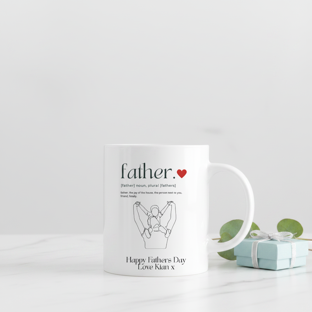 Father definition mug on marble surface with gift