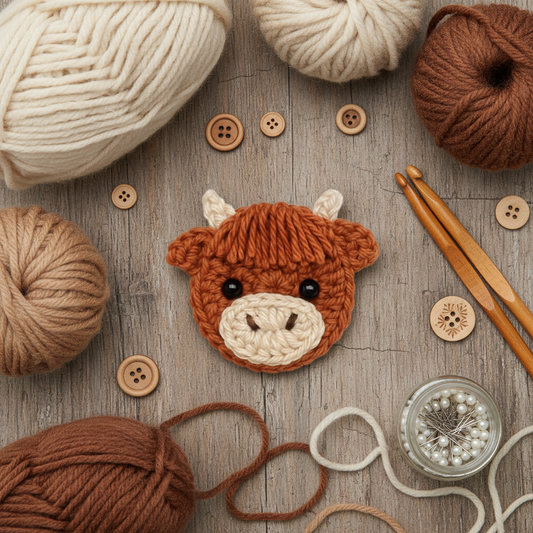 Crochet highland cow face on craft flat lay