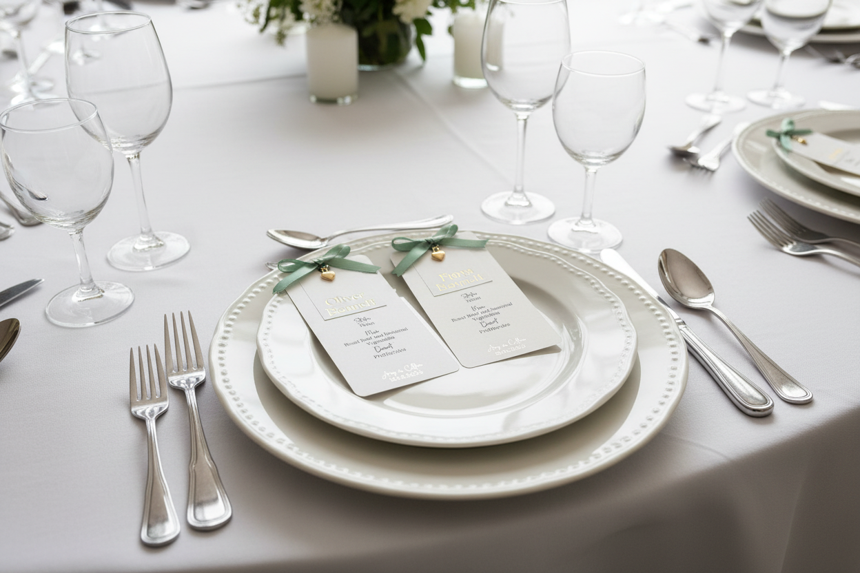 Two personalised menu cards on charger plates at a formal wedding table
