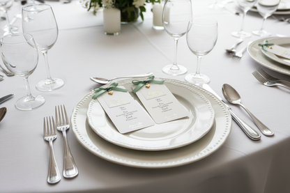 Two personalised menu cards on charger plates at a formal wedding table
