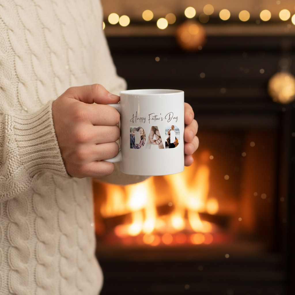 Father's Day photo mug held by man in front of fireplace