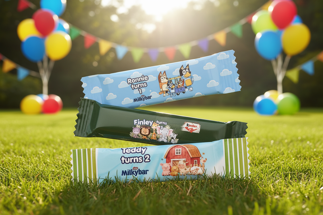 Bluey, Jungle and Farmyard wrappers fanned on garden party background