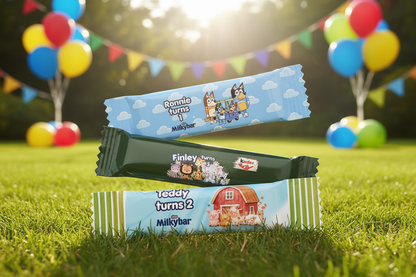 Bluey, Jungle and Farmyard wrappers fanned on garden party background