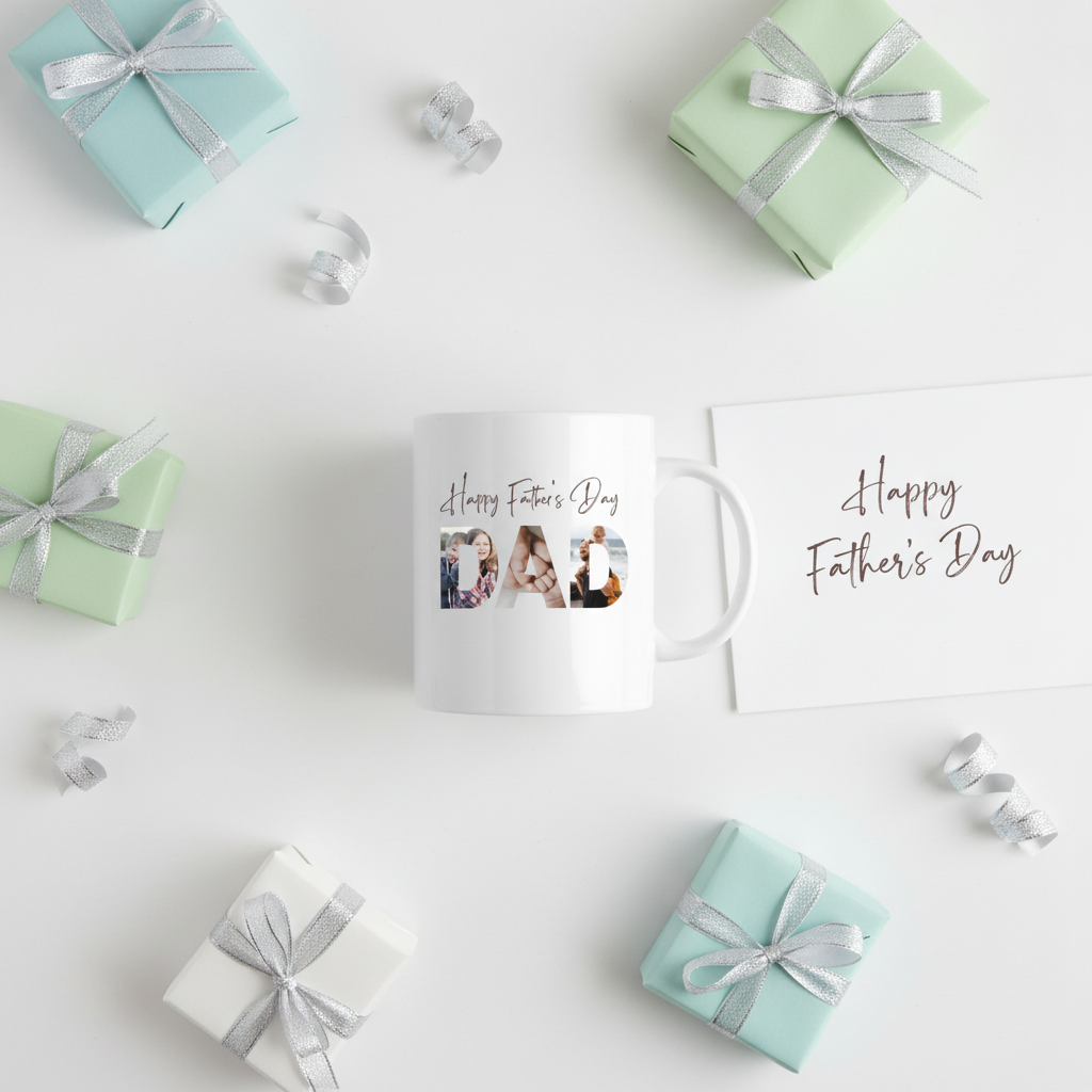 Father's Day photo mug gift flat lay with wrapped presents