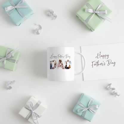 Father's Day photo mug gift flat lay with wrapped presents