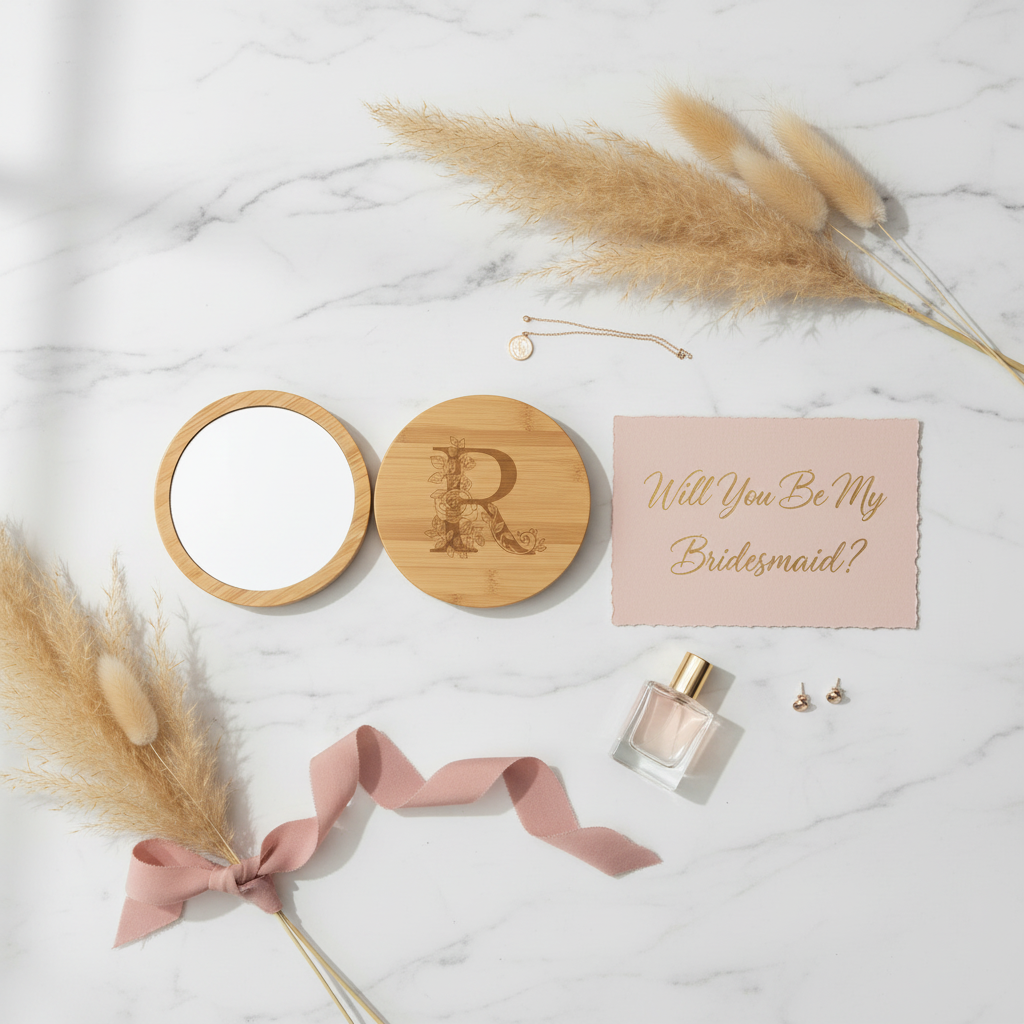Monogrammed compact mirror bridesmaid flat lay with proposal card
