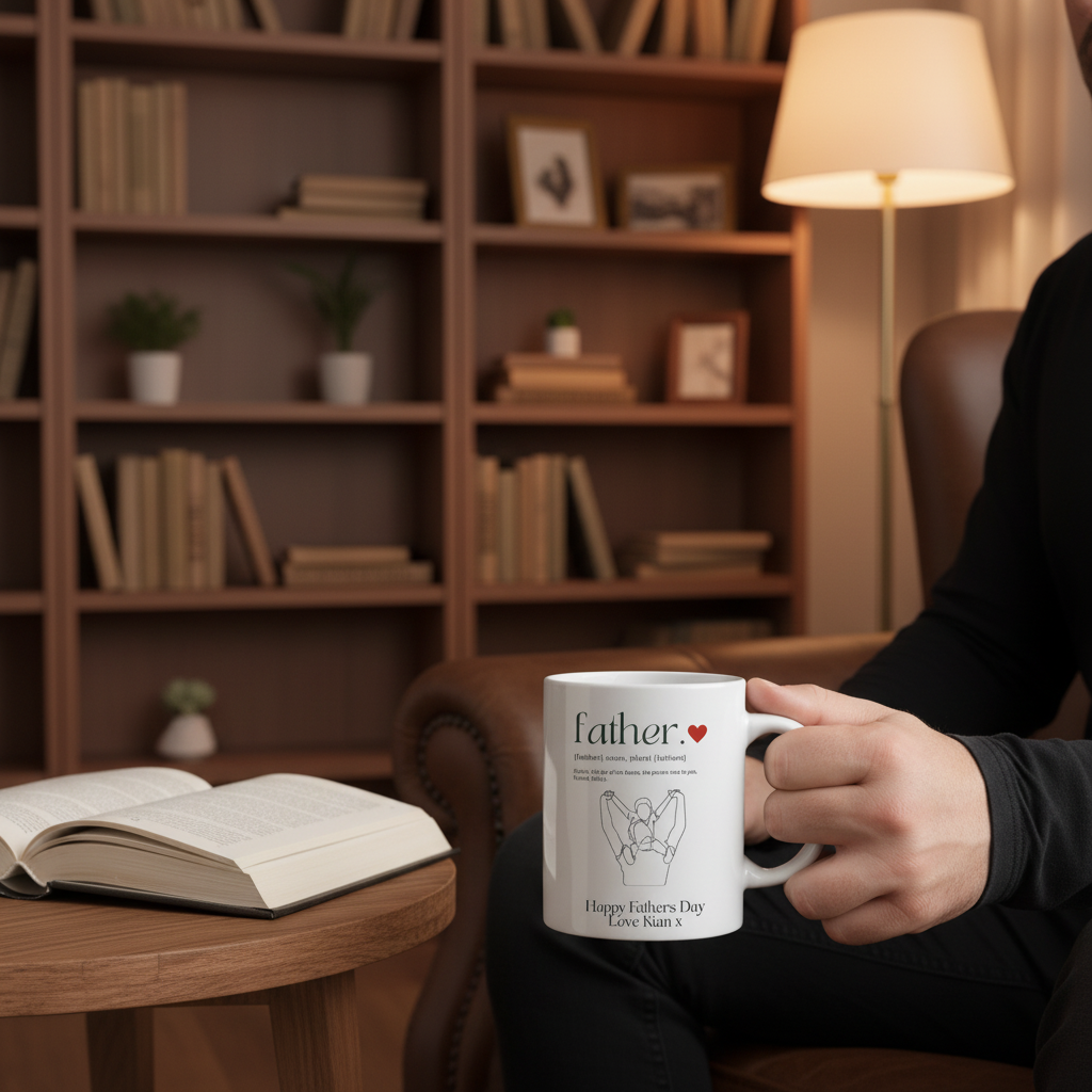 Father definition mug held by man in home library setting