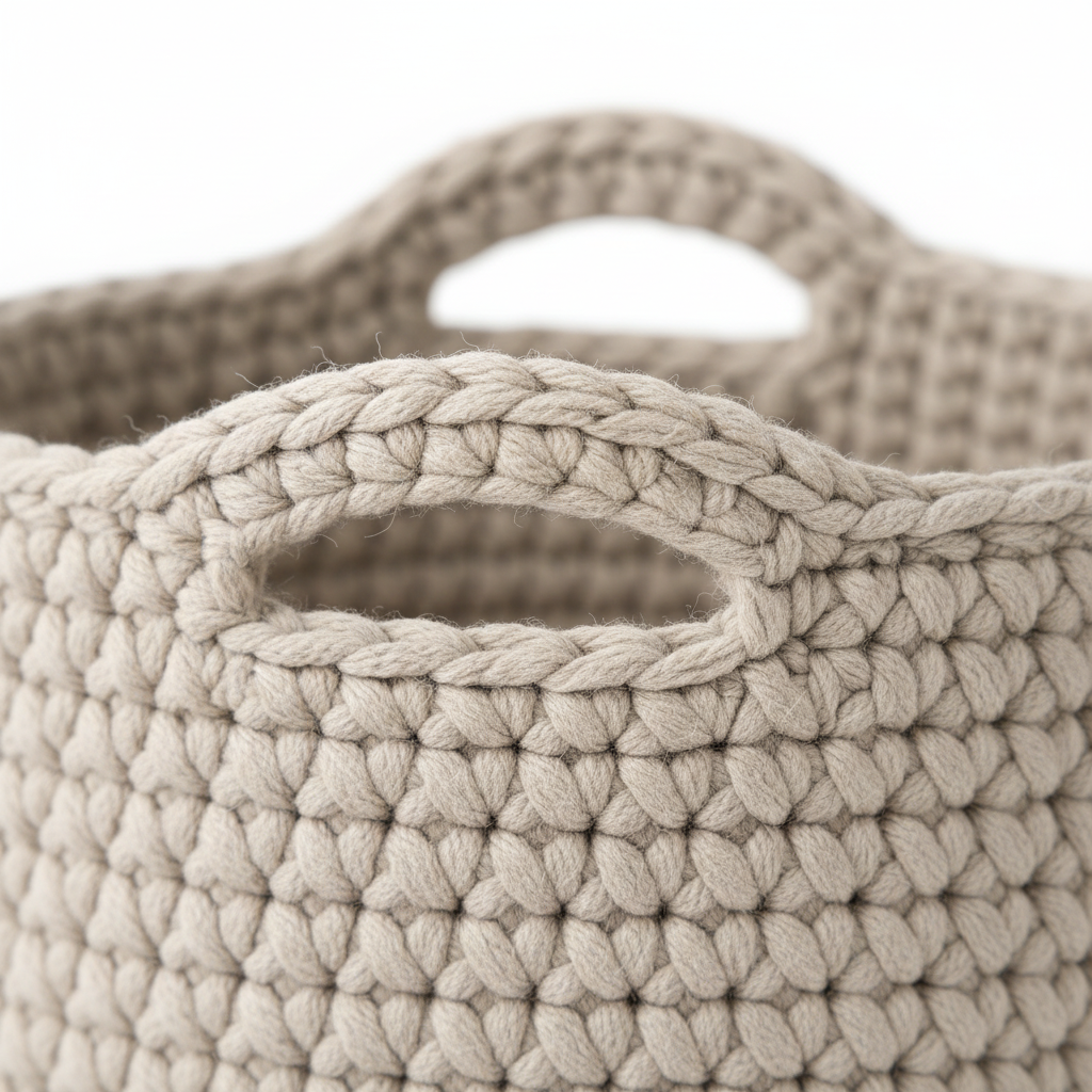 Close up crochet stitch detail on grey storage basket