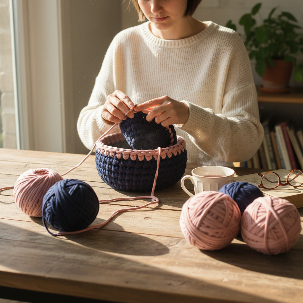 Cosy lifestyle shot of crocheting navy and dusty rose bowl