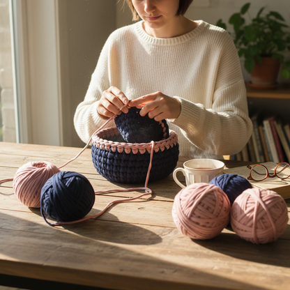 Cosy lifestyle shot of crocheting navy and dusty rose bowl