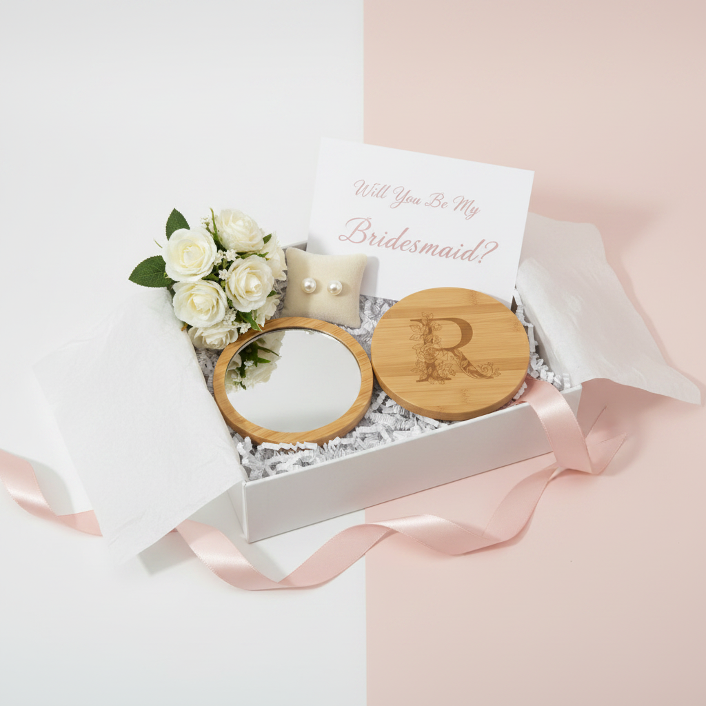 Monogrammed compact mirror in bridesmaid proposal gift box