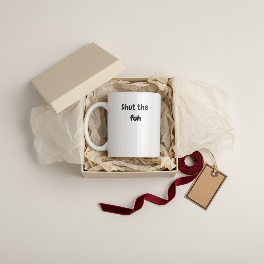 Shut the Fuh mug in gift box