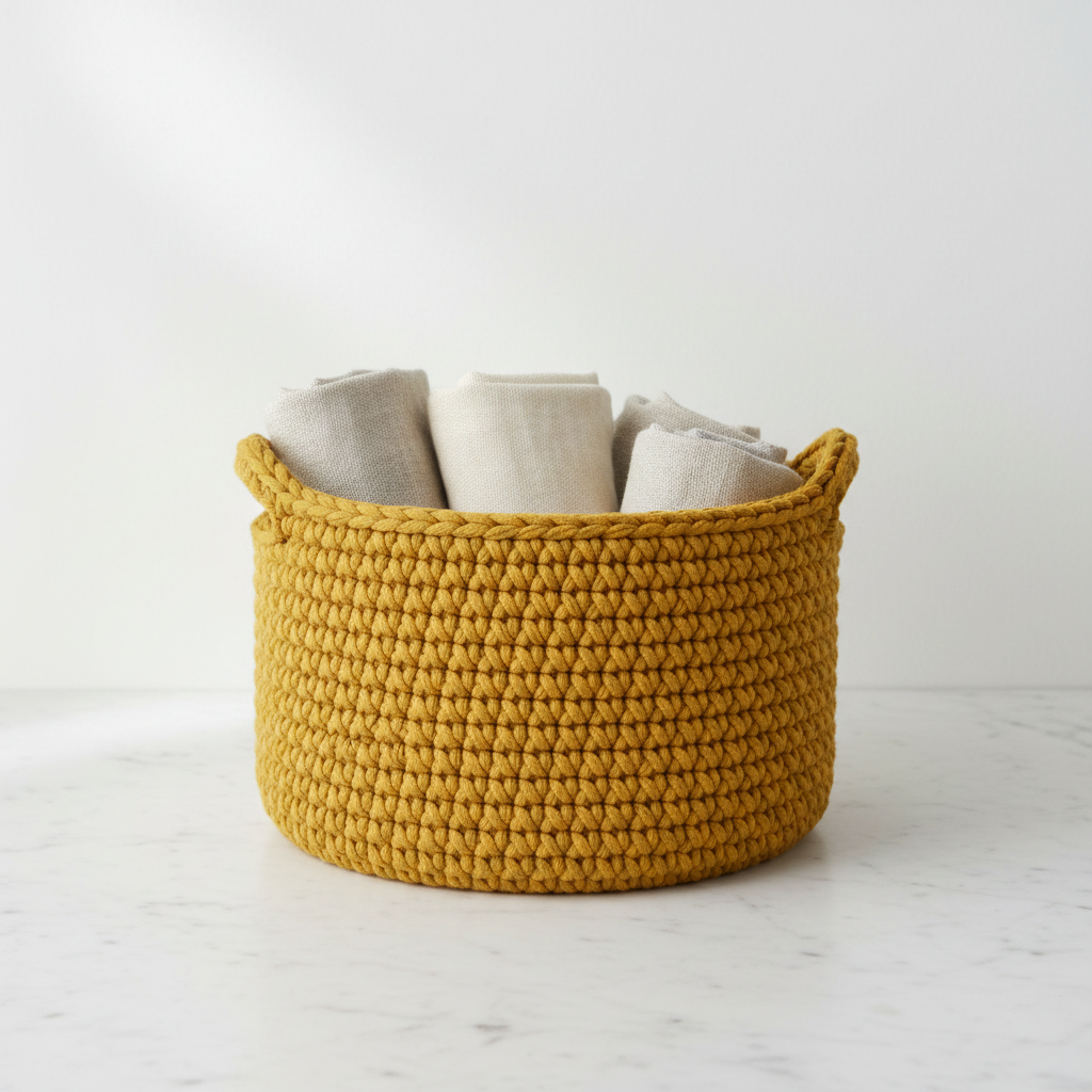 Crochet storage basket in mustard yellow styled with towels