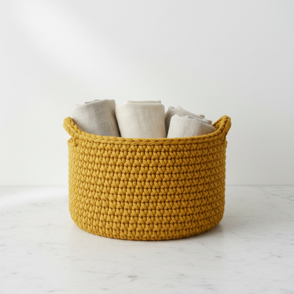 Crochet storage basket in mustard yellow styled with towels