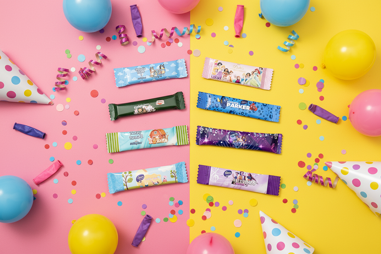 Wrappers overlapping on pink and yellow party table