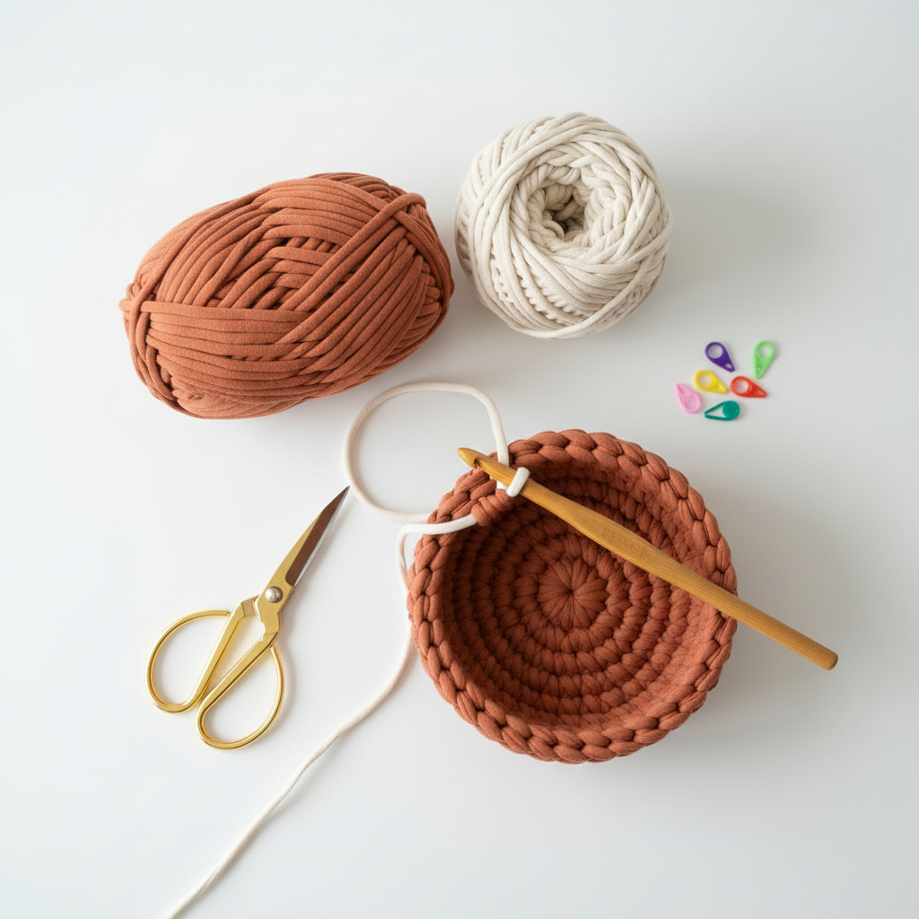 Flat lay crochet process with terracotta and cream yarn