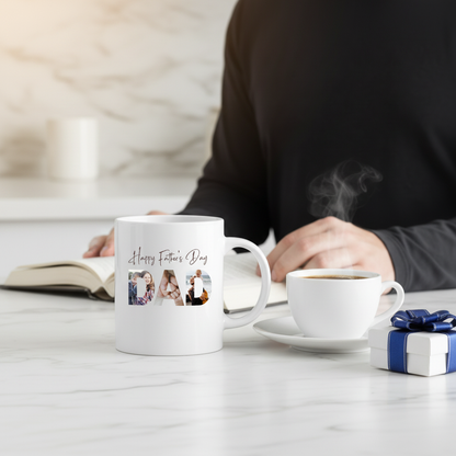 Father's Day photo mug on marble kitchen counter with gift box