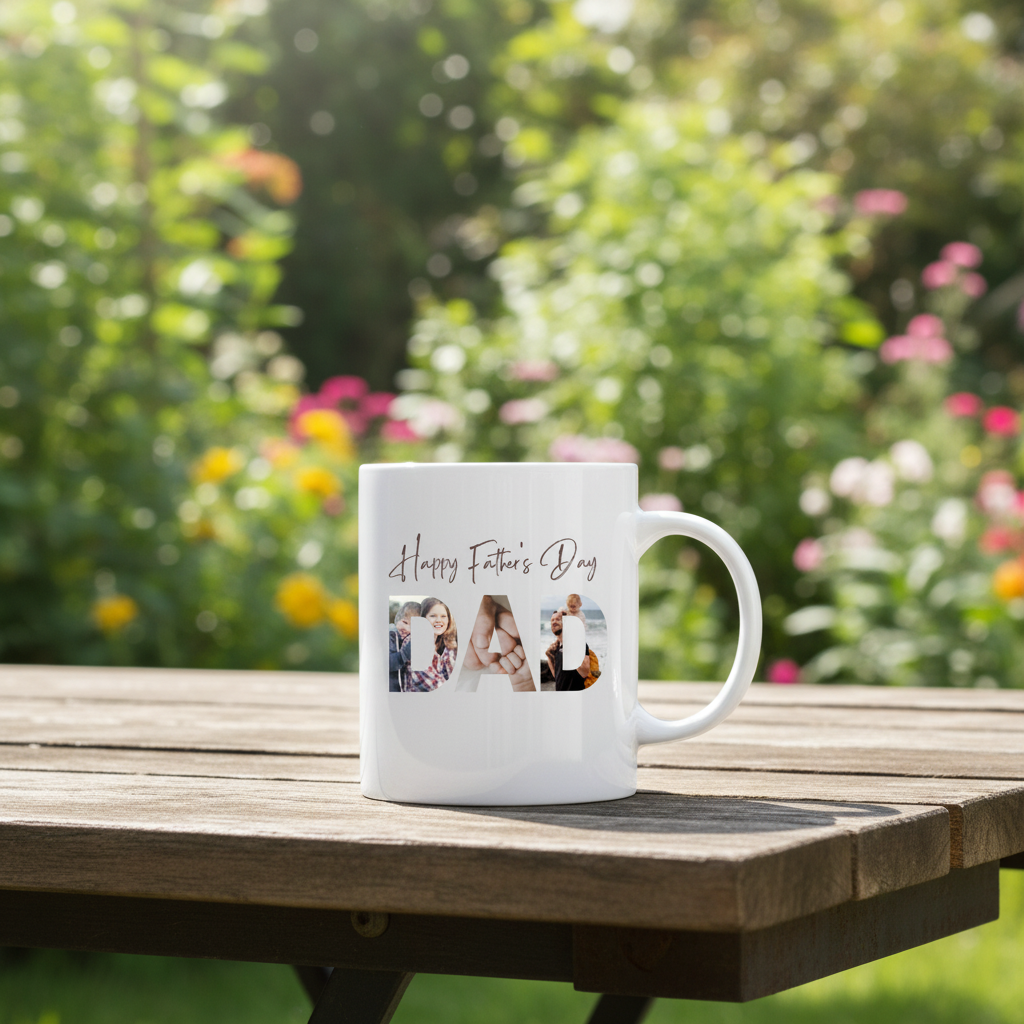 Father's Day photo mug in outdoor garden setting