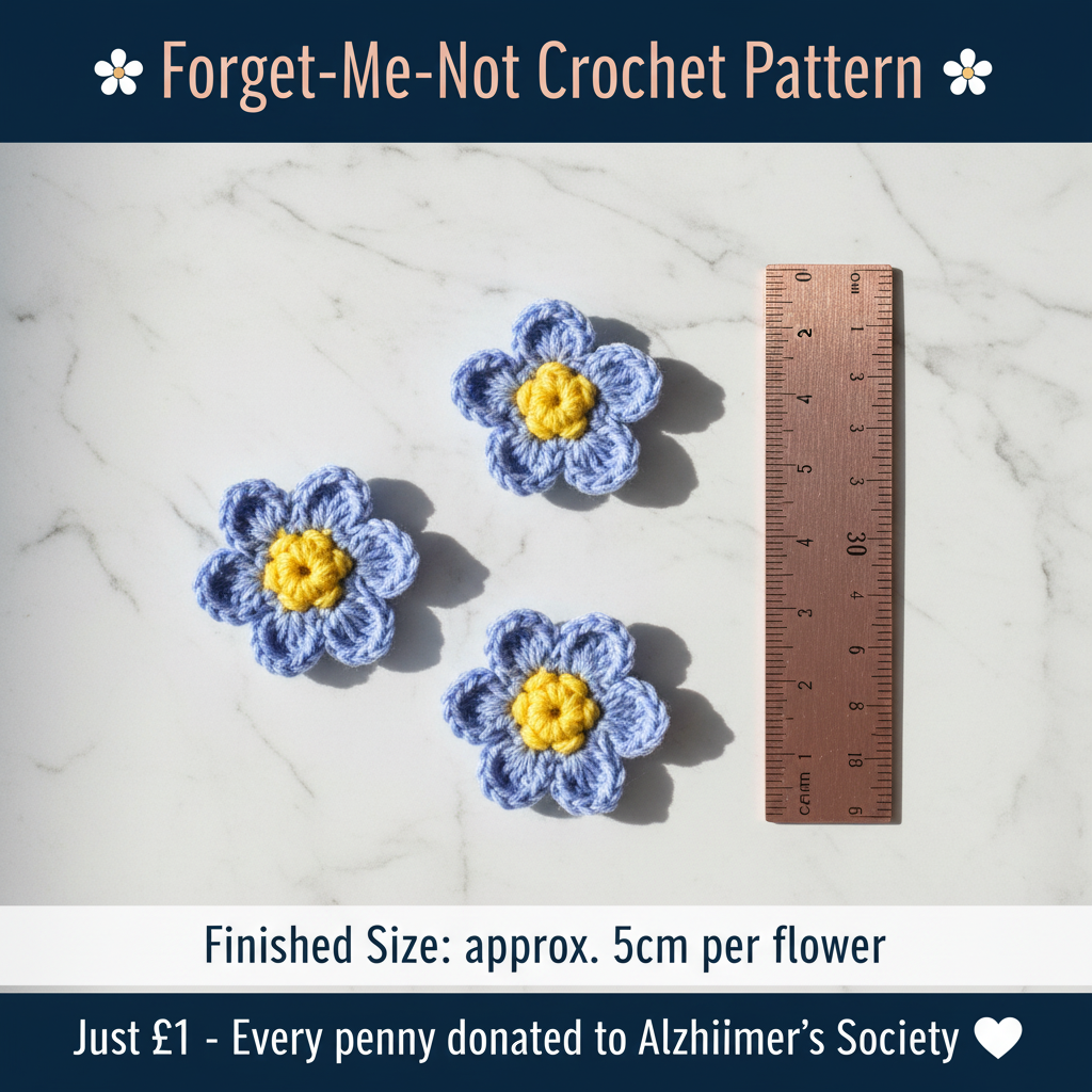 Crocheted forget-me-not flowers beside a ruler showing roughly 5cm across