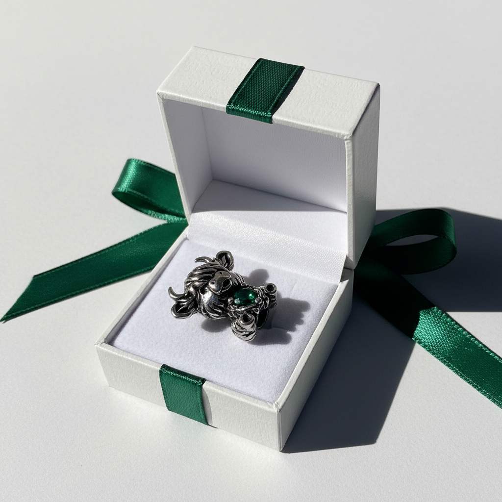 Highland cow charm in a gift box with green ribbon