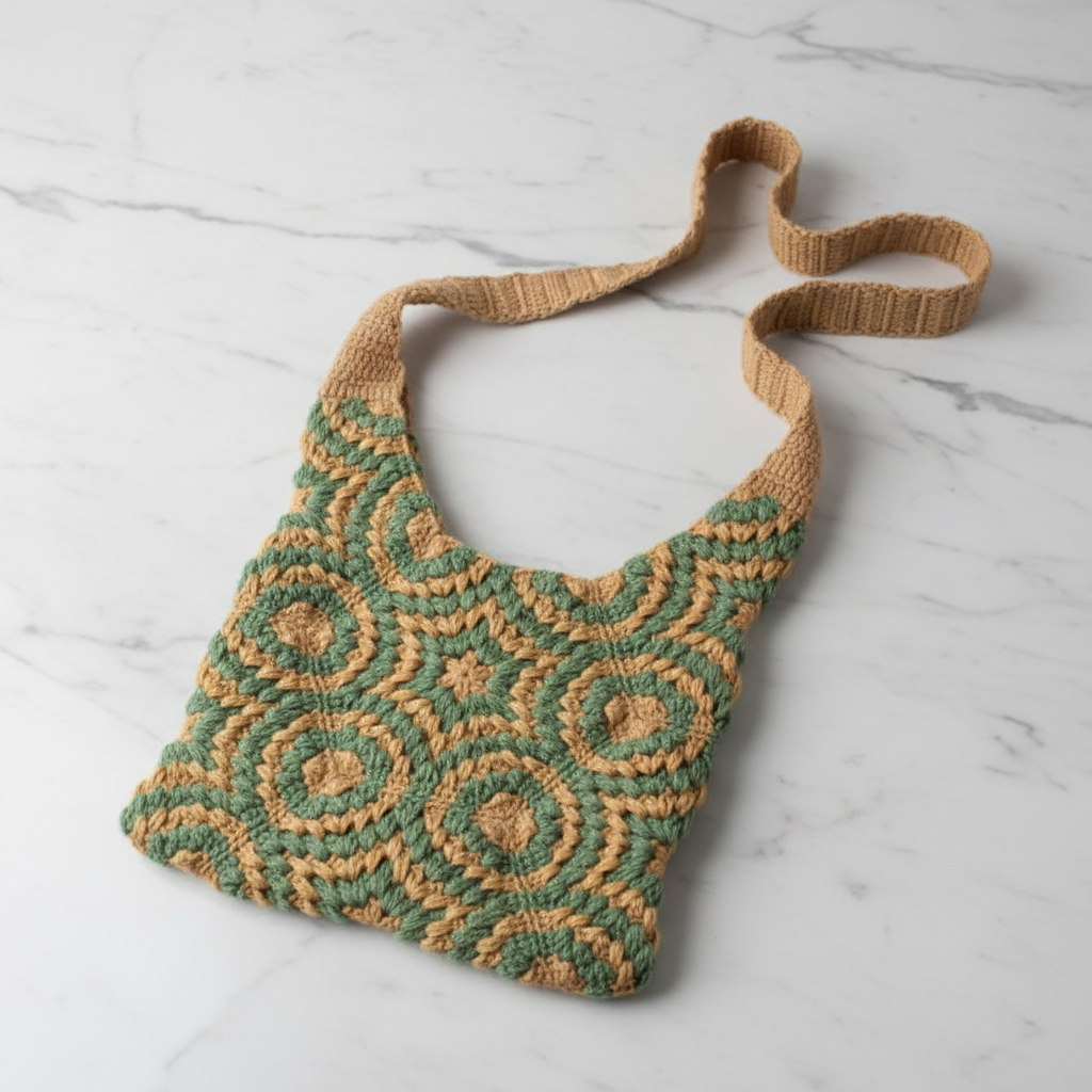 Crochet granny square bag in sage green and mustard yellow