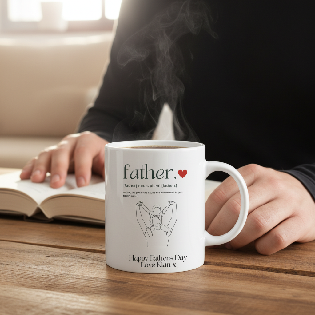 Father definition mug on rustic wooden table with morning coffee