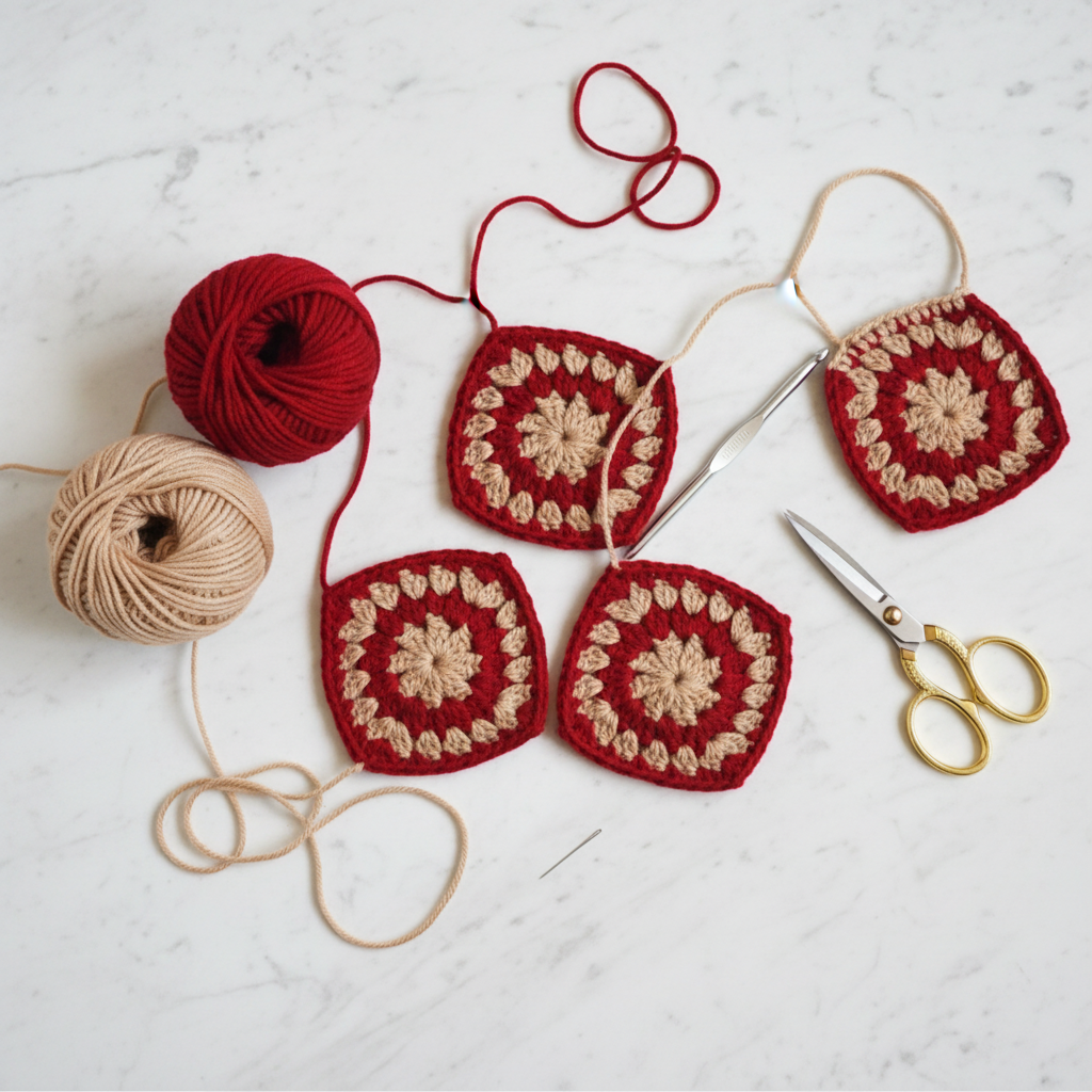 Flat lay creative process for crochet granny square bag