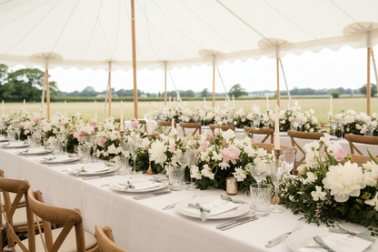 Personalised wedding menu cards on a long banquet table inside an outdoor marquee