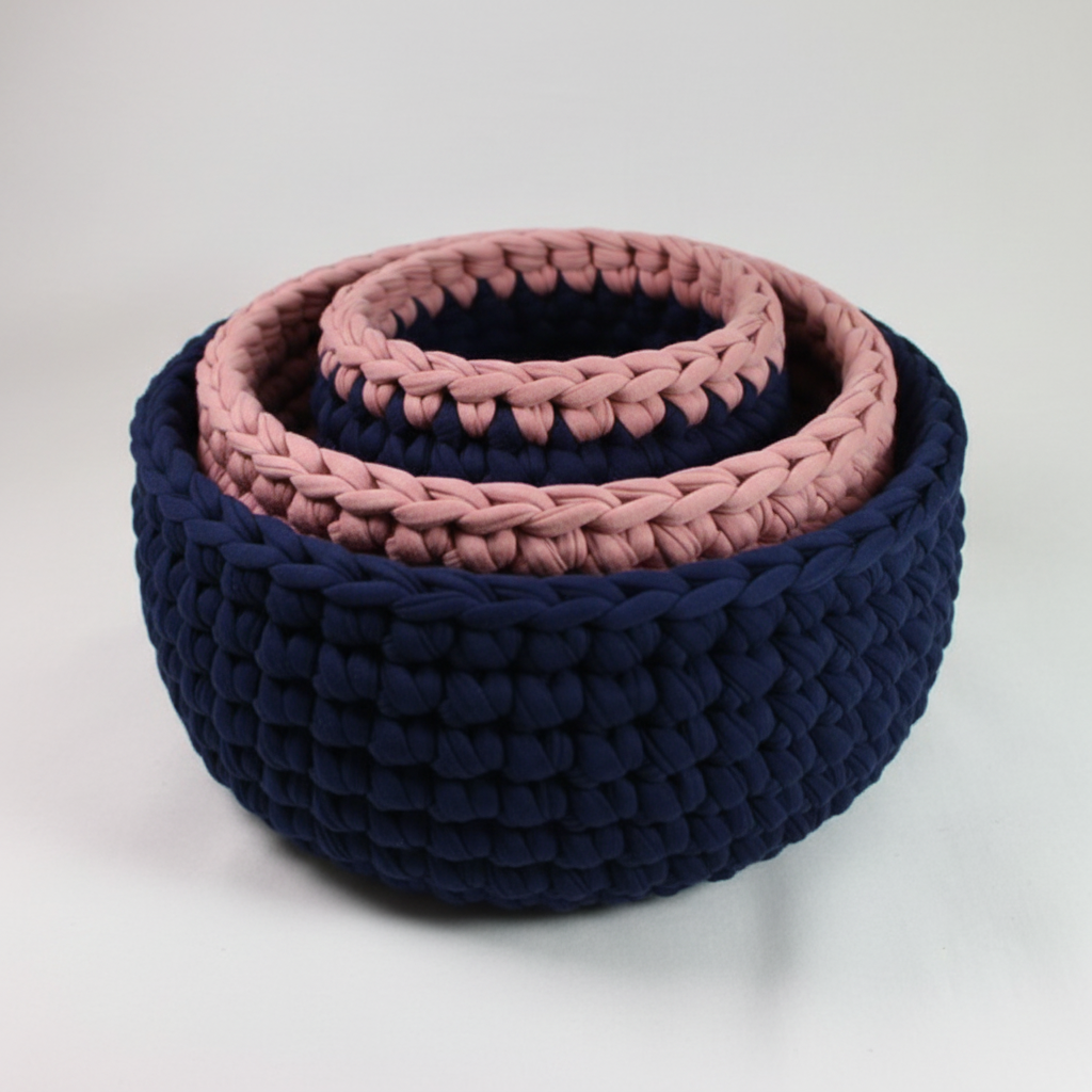 Crochet nesting bowls in navy blue and dusty rose