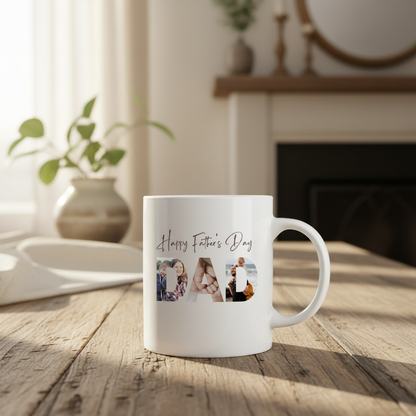 Father's Day photo mug on rustic wooden table