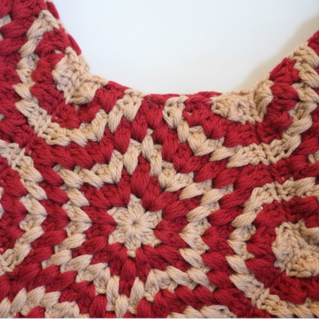 Close up crochet stitch detail on granny square bag in dusty rose
